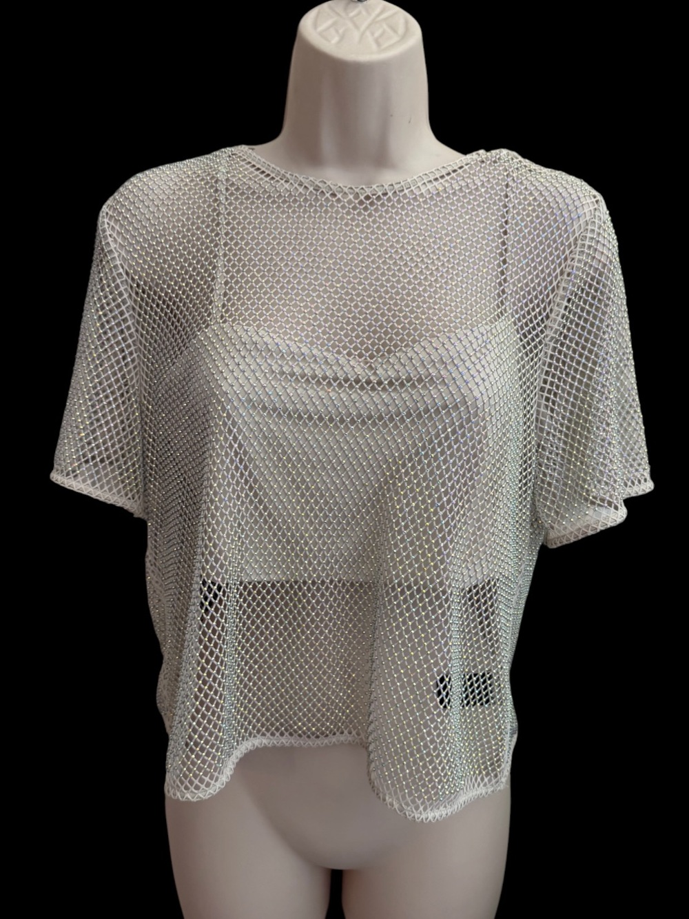 House of Harlow 1960 rhinestone sequin open-knit mesh crop top M